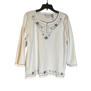 Alfred Dunner Women’s White Floral Embroidered Beaded Knit Top Long Sleeve Large